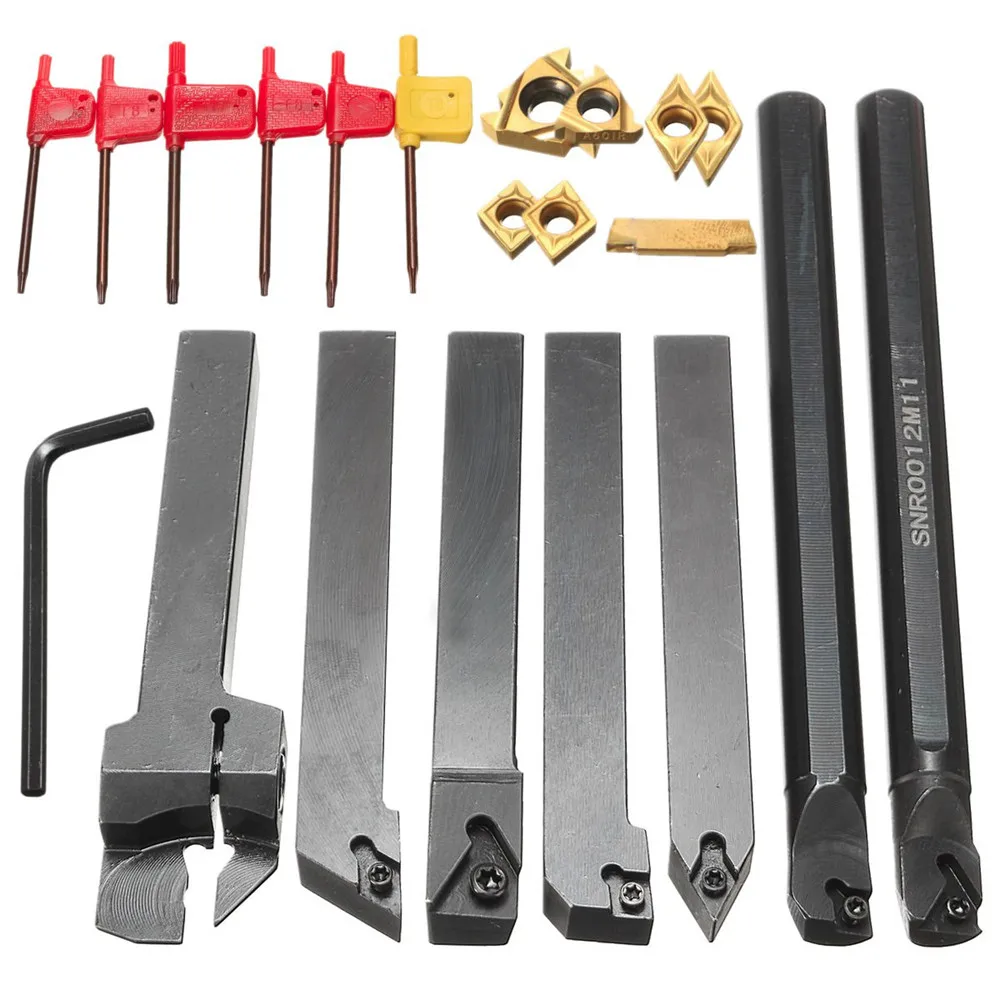 

7Set DCMT CCMT Carbide Insert + 12mm Shank Lathe Turning Tool Holder Boring +7Pcs Wrenches