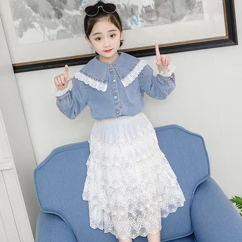 

Girls Suit 2019 Children's Garment Cowboy Jacket Lace Layer Skirt Twinset Children Clothing Set