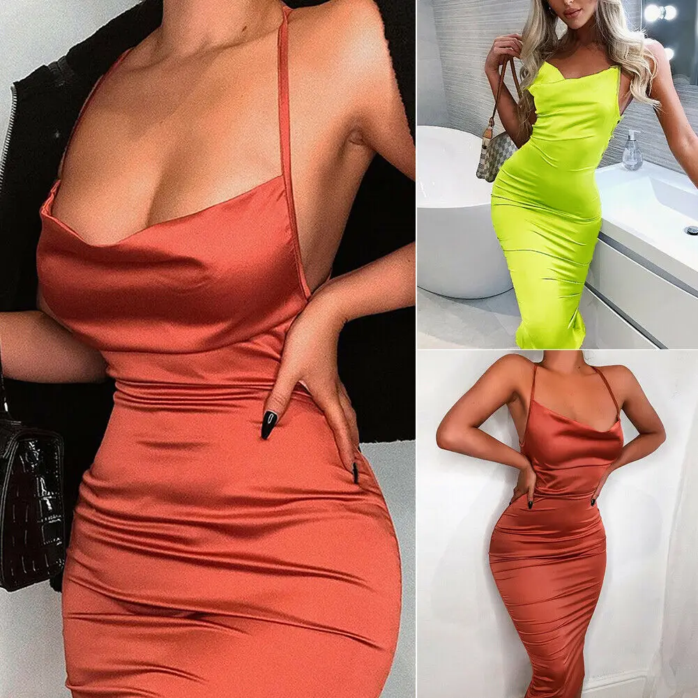 

Sexy Women Sling Satin Silk Slip Strappy Backless Dress Sleeveless Party Midi Dress