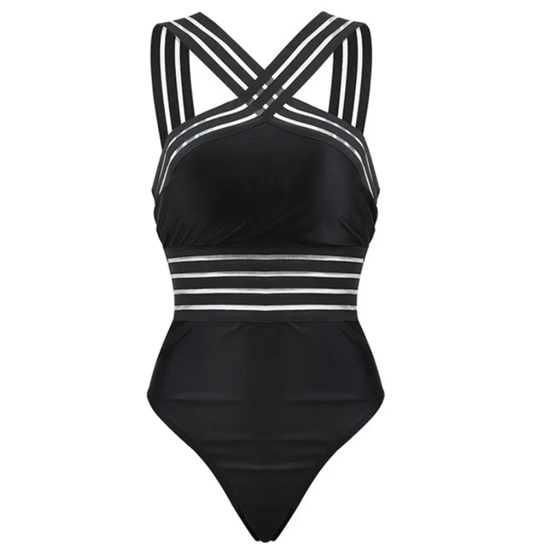 

2019 Sexy Women Swimwear Halter One Piece Push Up Swimsuit Bandage Black Striped Sexy