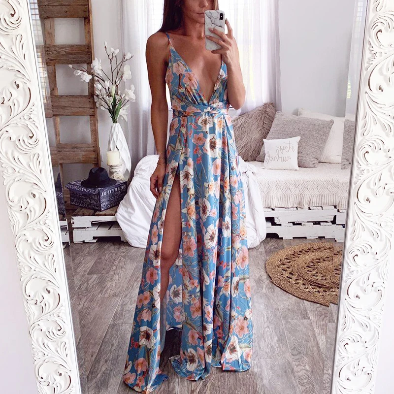 

Sexy Women Boho Floral Print Dress Summer Holiday Beach Long High Split Sundress