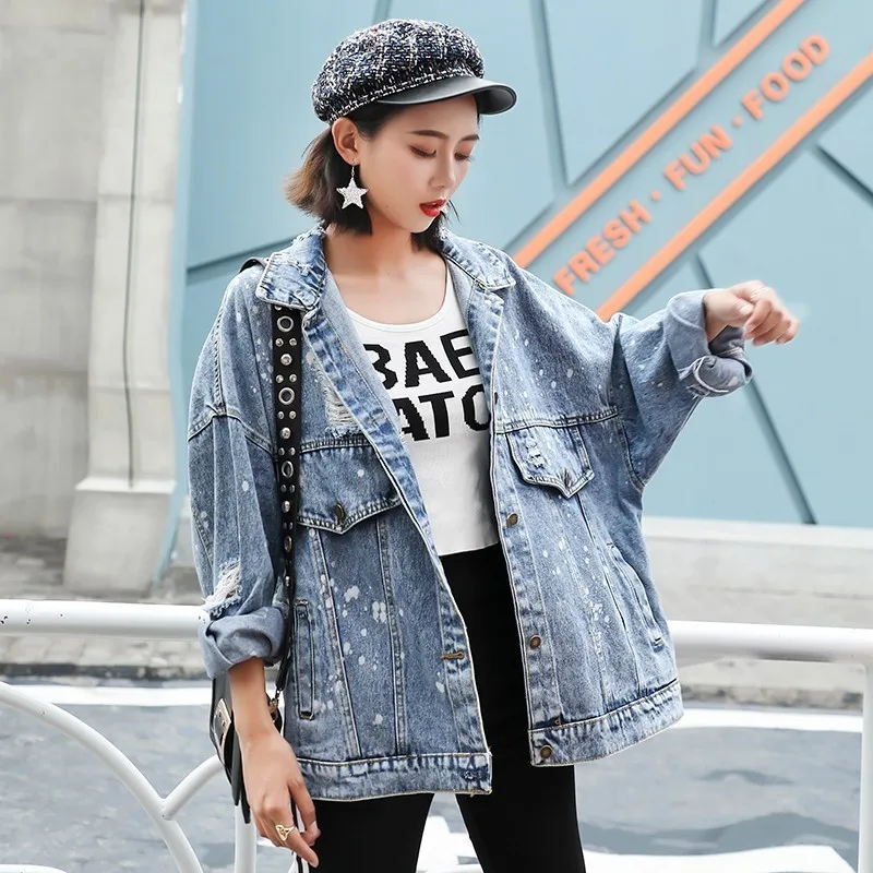 Джинсы-бомберы с принтом размера плюс в Корейском стиле Kpop с потертостями, Базовая куртка для женщин, рваное джинсовое пальто женское, уличная одежда Harajuku, осень