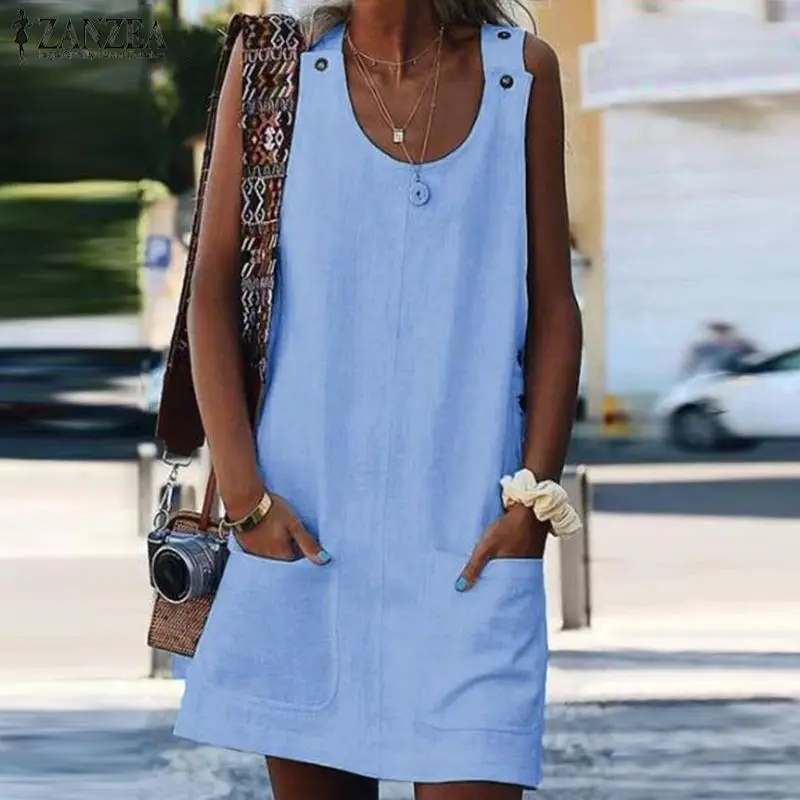 

ZANZEA Women 's Summer Sundress Overalls Suspender Sarafans Mini Dresses Vest Button Short Vestidos Casual Pockets Cotton Robe