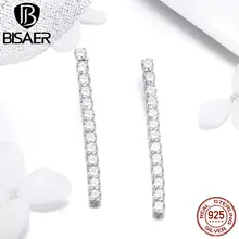 BISAER, подлинные 925 пробы серебряные Простые геометрические серьги-гвоздики для женщин, модные серьги с прозрачным кубическим цирконием, ювелирные изделия ECE456