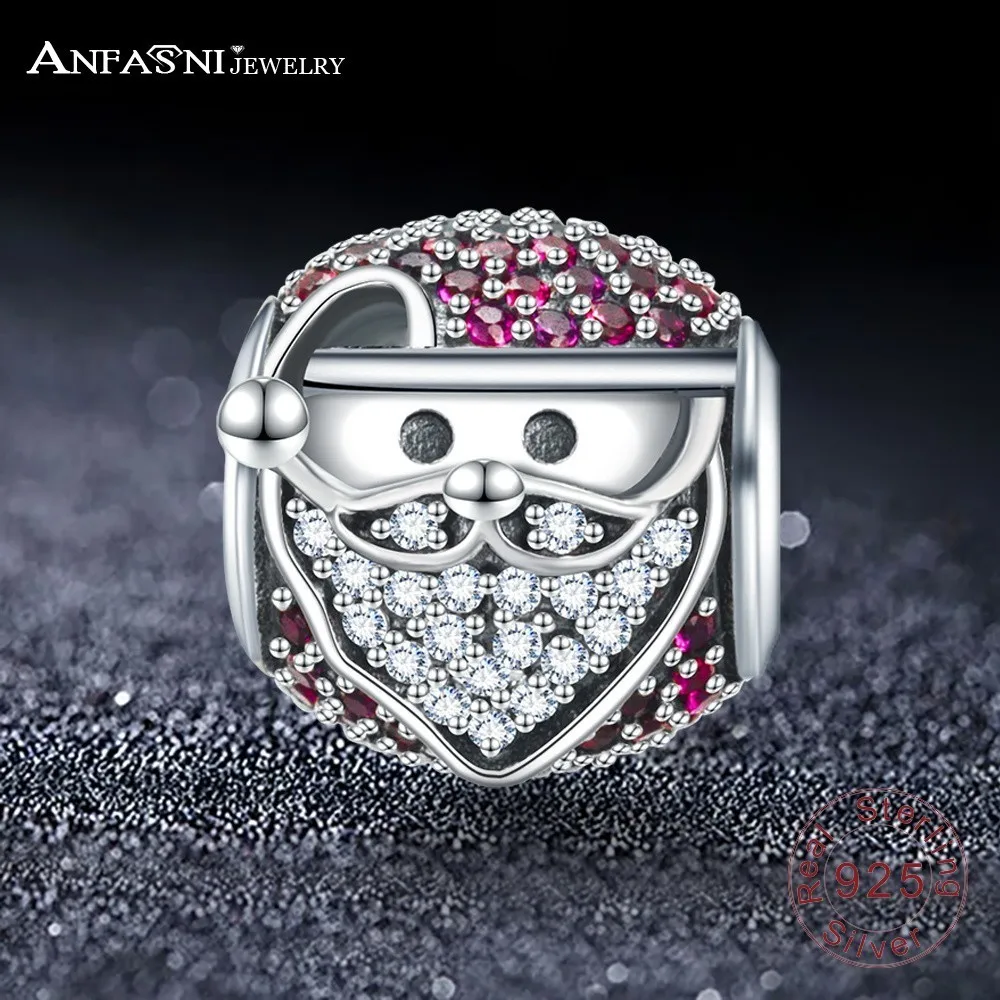 

ANFASNI 100% 925 Sterling Silver Charms Santa Claus Beads with AAA Cubic Zirconia Christmas Present Gifts For Girls PSMB1031
