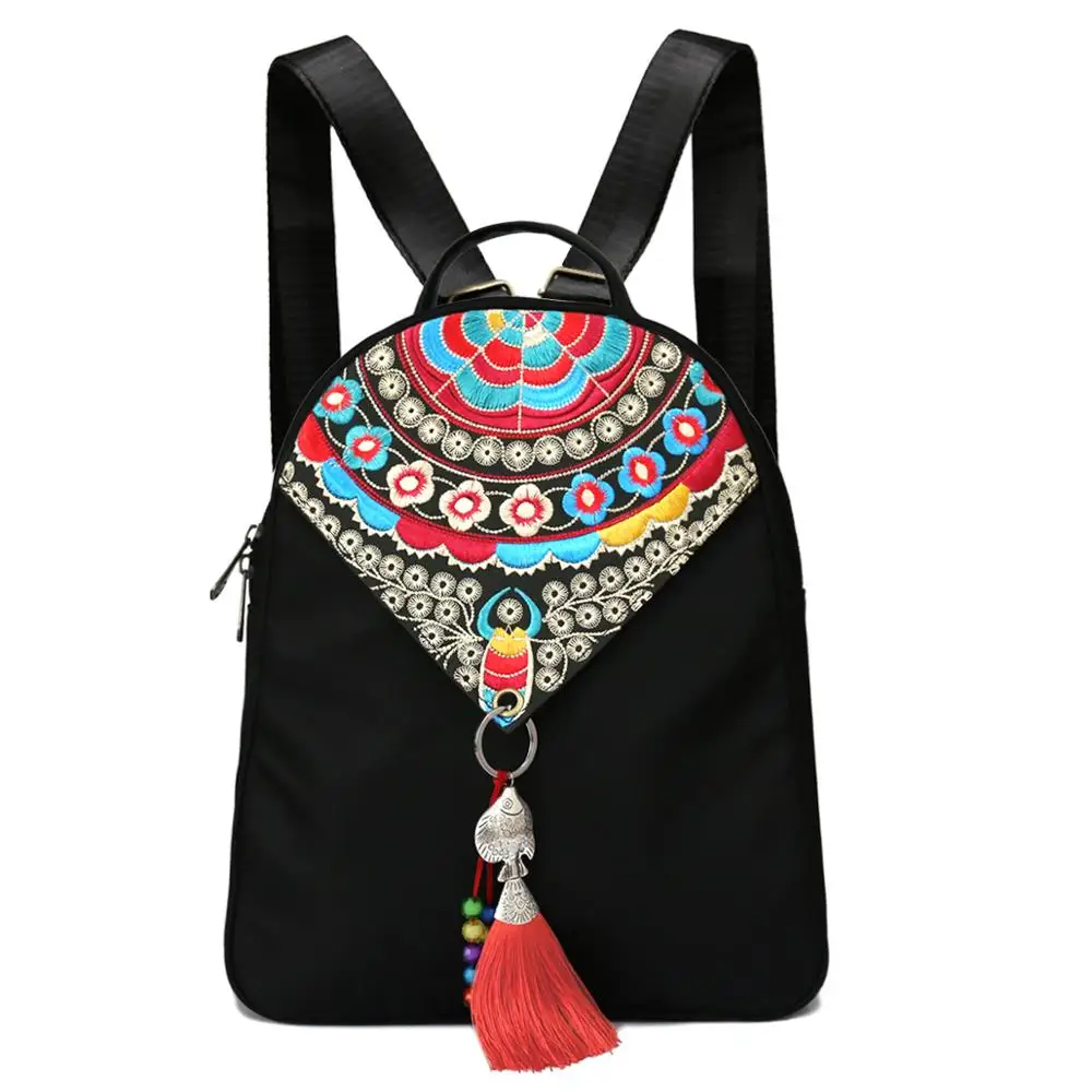 

Boho Embroidered Mini Travel Backpack, Black Nylon Slim Backpack for iPad 9.7 Unisex Ethnic Daypack for Women School Bag Satchel