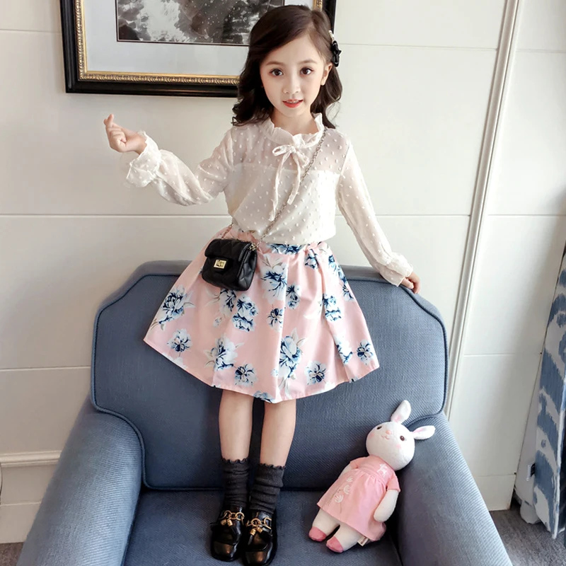 Весенне-Осенняя детская Шифоновая Блузка + юбка с цветочным рисунком для девочек, комплект из 2 предметов, детский брендовый костюм, детская
