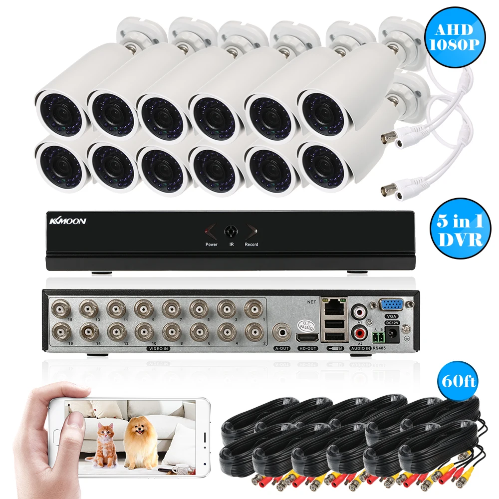 

KKmoon 16CH 1080P Hybrid 5-in-1 Digital Video Recorder+12*1080P AHD Waterproof CCTV Bullet Camera+Cable for CCTV Security System