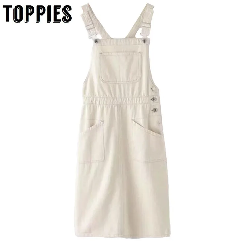 

2019 Summer White Denim Straight Skirt Vintage Suspender Skirt Overalls Side Pockets Casual Streetwear