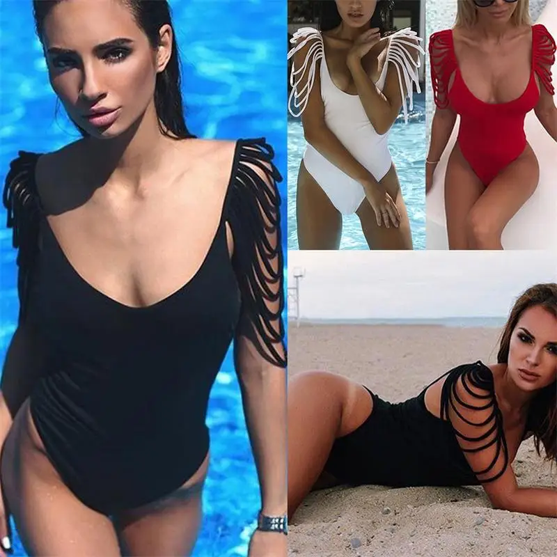 

Sexy Women Tassel Bikini Bandage High Waist Swimsuit One Piece Monokini Beach Swimwear Women One Piece Swimsuit Female Bathing