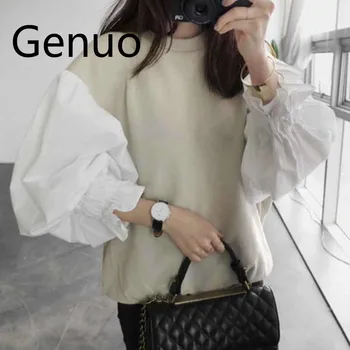 

2019 Autumn Fashion New Round Neck Lantern Sleeve Women's Split Joint Short Sweatshirt Japan And South Korea Tops