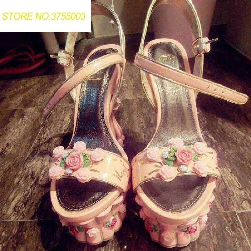 

2018 Summer Wedding High Heel Sandals Women Strange Style Sandals Flowerpot Elegant Rose Flower Embelished Party Pumps Shoes