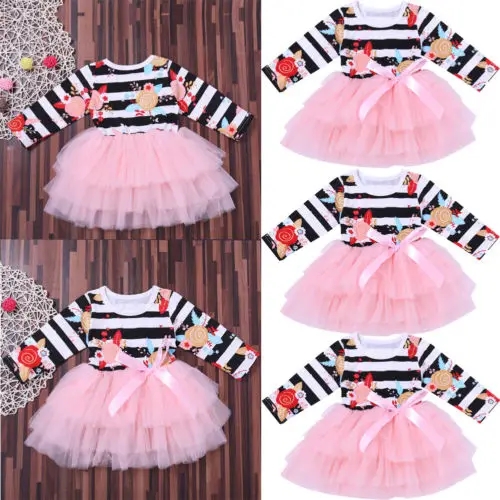 

2019 Toddler Newborn Kids Baby Girls Striped Floral Print Long Sleeve Lace Tulle Tutu Dresses Cute Clothes 6M-5Y