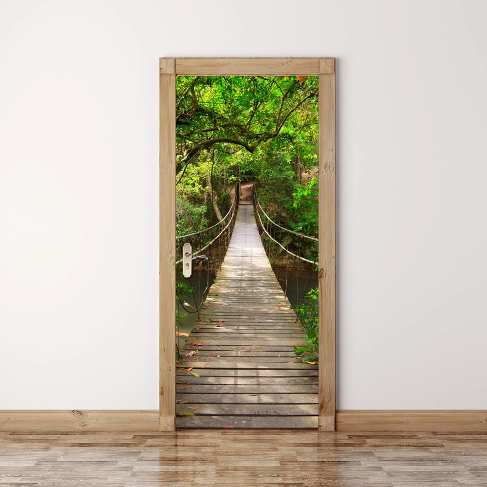 

3D Door Sticker Forest Wall Mural Art Green Tree Drawbridge Wallpaper Poster Stickers Self Adhesive Removable Home Door Decals