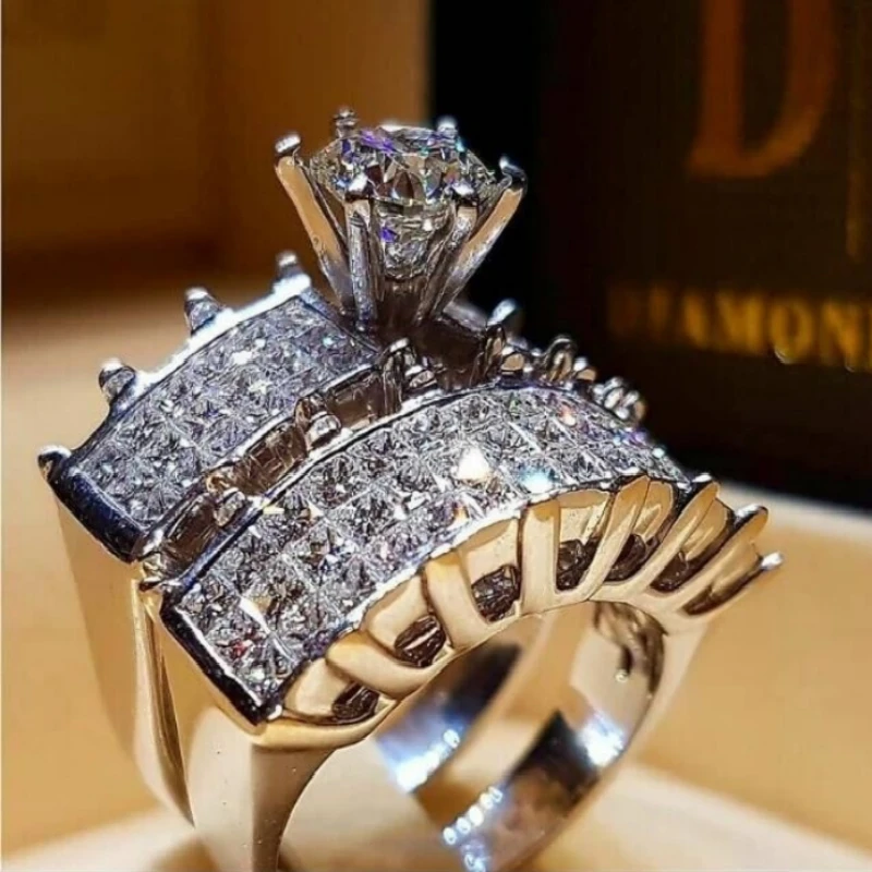 

New Elegant Zircon Ring Jewelry Silver Color Engagement Wedding Rings for Women Size 5 6 7 8 9 10