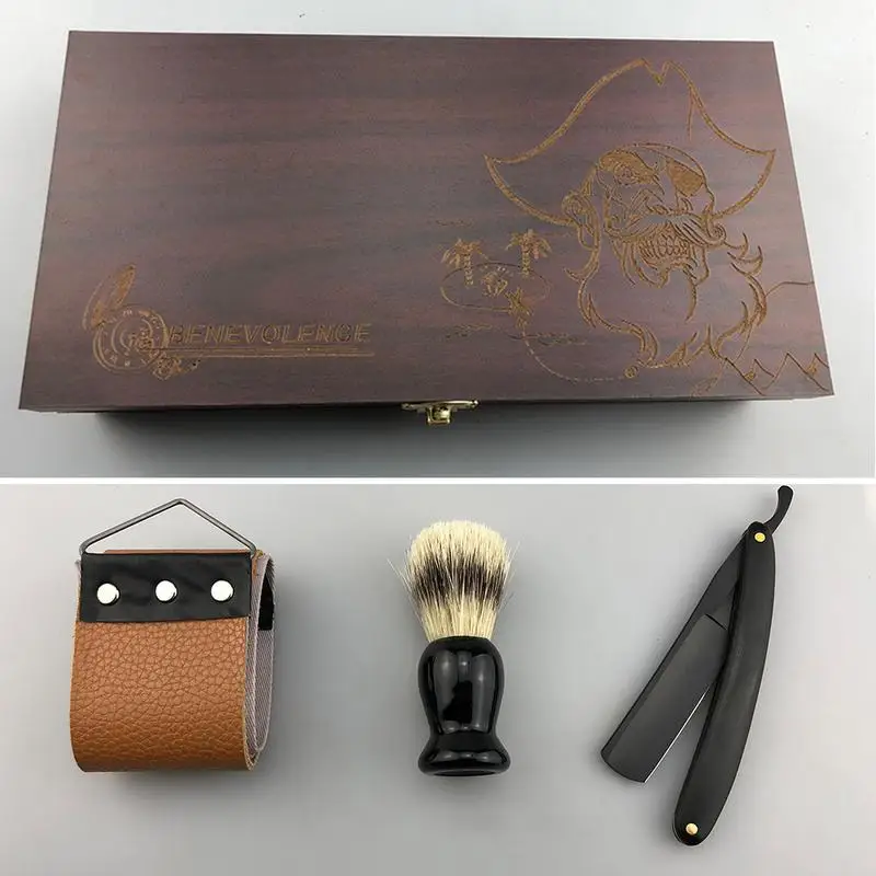 عالية الجودة مستقيم الحلاقة مع خشبية مجموعة صناديق 3 في 1 ريترو ماكينة حلاقة للرجال مع مستقيم الحلاقة الجلود شحذ الحلاقة فرشاة