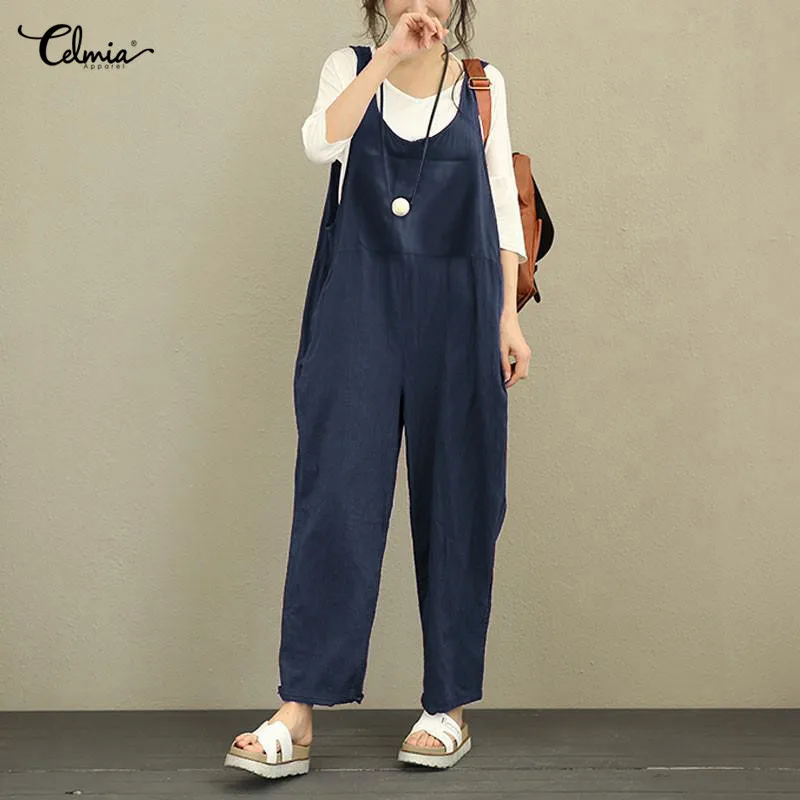 

Celmia Sleeveless Romper Women's Jumpsuit 2019 Summer Backless Pockets Casual Loose Trousers Female Playsuits Plus Size Overalls
