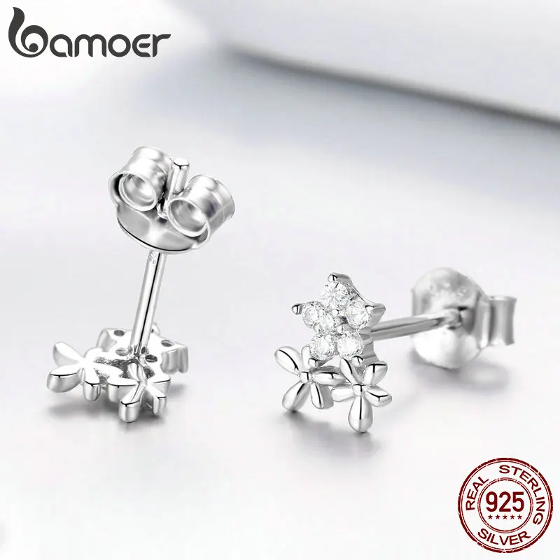 BAMOER подлинные 925 пробы серебряные светящиеся серьги-гвоздики в виде Гипсофилы в форме звезды с цветком для женщин ювелирные изделия из стерлингового серебра BSE030