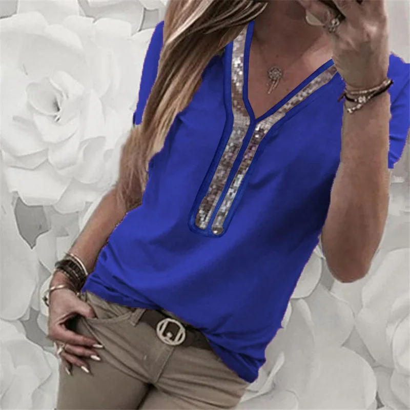 

2019 Summer T Shirt Women Plus Size Tshirt Sequined Patchwork V -Neck Short Sleeve T-shirt 5XL Black White Tee Shirt Femme