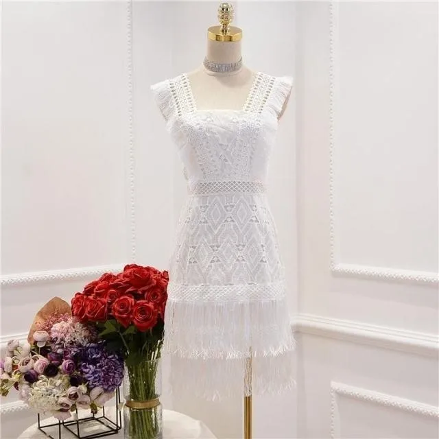 

Fringed Tassel White Dress Women 2019 Spaghetti Strap Layered Crochet Flower Embroidered Summer Dress Party Vestidos De Festa