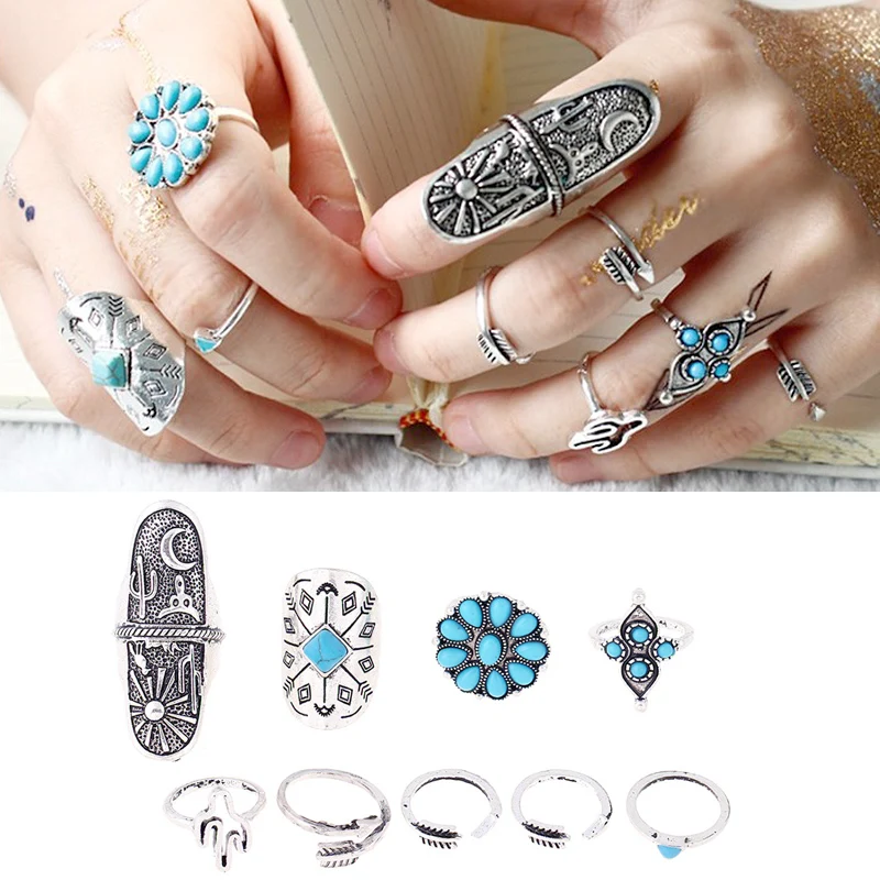 

Ring Punk Boho Retro Geometry Women's Vintage Silver 9PCS/Set Style Finger Rings