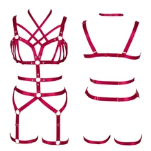 Панк готический бюстгальтер из ремней для женщин боди в клетке топы с вырезами Подвязки Пояс вино пикантное красное нижнее белье набор эластичный регулировки танец Rave