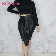 Karlofea, новая модная черная юбка из искусственной кожи, Офисная женская элегантная одежда, Юбка До Колена, милая плиссированная юбка с оборками, юбки из искусственной кожи