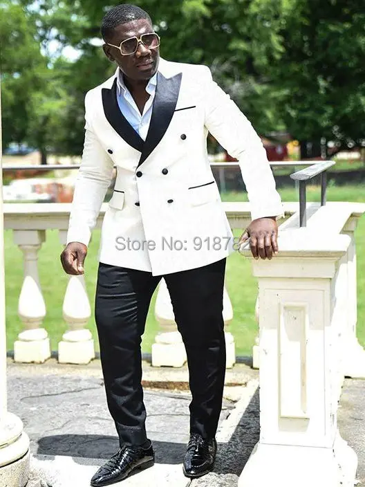 

Double Breasted Suit Wedding Suits For Men 2019 White Jacket Black Pant Peacked Lapel Slim Fit Suit Men Formal Tuxedo Groom Suit
