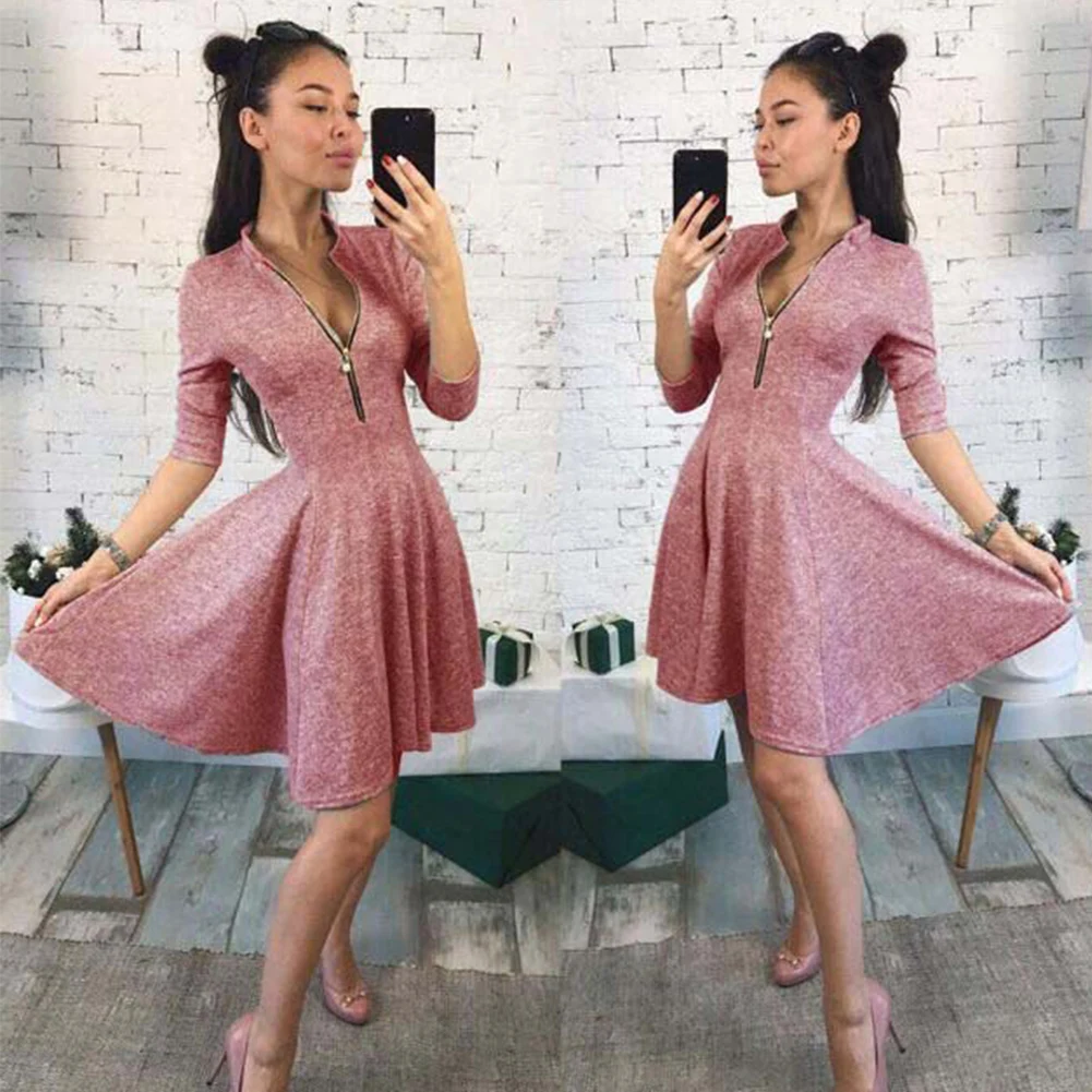 

Sexy Dress Women Spring Autumn Short Cotton Dresses Half Sleeve Zipper Pleated Clothes For Ladies Causal Autumn Women Mini Dress