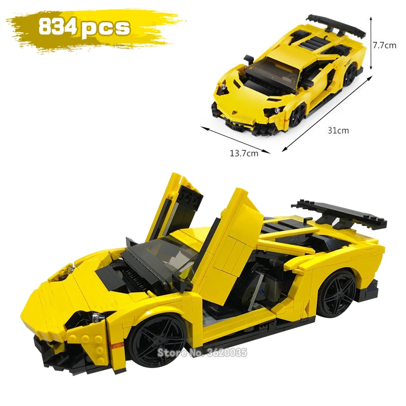 834pcs Yellow Racing Car Building Blocks DIY Action Figure Toys Gift For Kids
