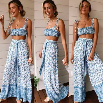 

Summer Women Two Piece Clothes Set Crop Shorts Sleeve Tube Tops+Casual Pants Outfits Clothing Sets