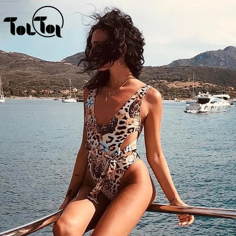 

Sexy One Piece Beach Wear Bodysuit Women High Waisted Suit Vintage Tiger Print Bandage Bodysuits Summer Rompers