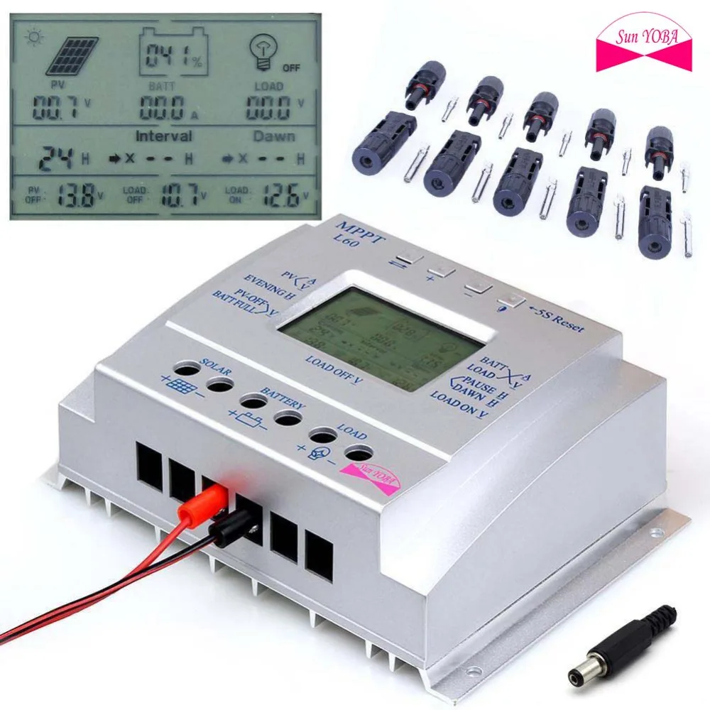 

MPPT 60A Intelligent Solar Panel Regulator Charge Controller Auto Switch 12V/24V 750W/1500W & LCD USB+5 pairs for MC4 Connector