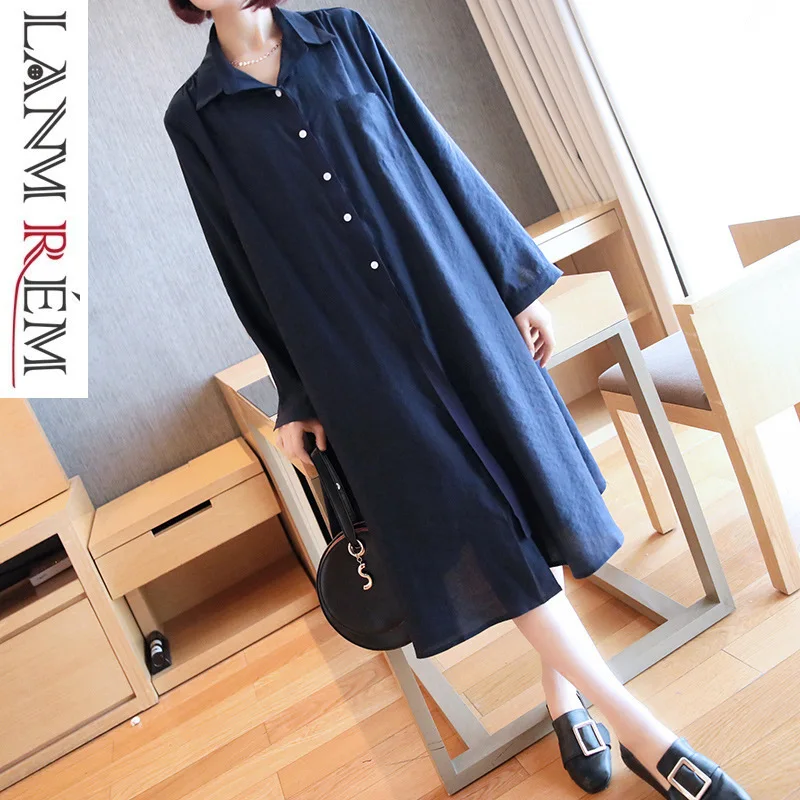 

LANMREM 2019 Spring New Pattern Shirt Dress For Women Korean Loose Solid Color Long Sleeve Single Pockets Fashion Clothing YH183