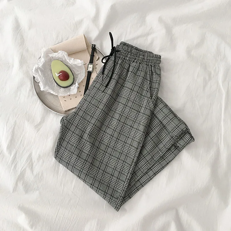 

Gray Plaid Women Ankle Pants Highwaist Thin Summer Casual Pants