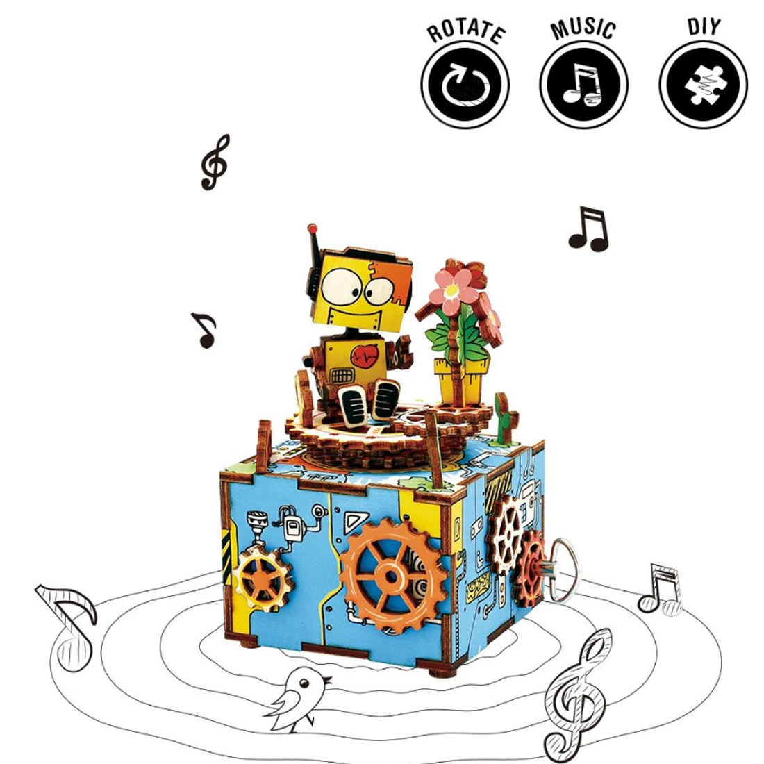 

Wooden Robot Machinarium Castle Theme Shape 3D Puzzle Model Building Blocks DIY Music Box Stem Toys brain space imagination