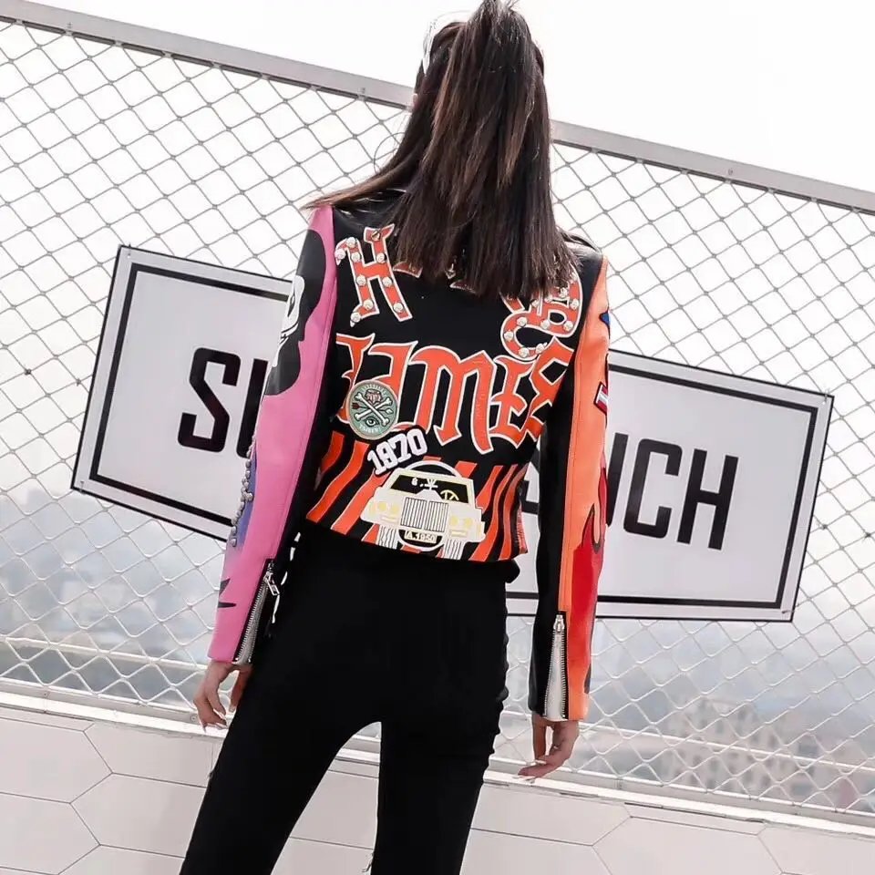 lower price  LORDXX Cropped Leather Jackets Women Hip hop Colorful Studded Coat New Spring Ladies Motorcycle Pun