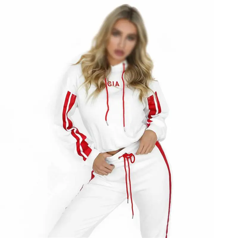 2019 Women 2 Pieces Set Clothing Hoodies Patchwork Zipper Drawstring Sportswear Suit Spring Elastic Tops+pants Sport Female Set