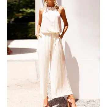 

2019 Summer Lace Up Sleeveless Wide Leg Jumpsuit Women Casual Hollow Out Pockets Sexy Jumpsuits Solid Loose Overalls