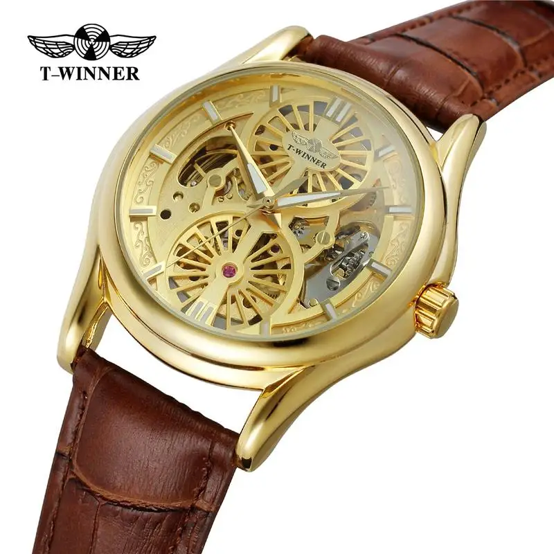 

2019 Men's Luxury Brand Black Leather Starp Mechanical Watch Gold Skeleton Dial Automatic Men Watches Male Clock Wristwatch