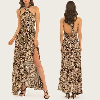 

Beach Dress Sexy Cross Strap Backless Ruffle Swing Bathing Suit Party Swim Women Leopard Sarong Sleeveless Print Summer Dress
