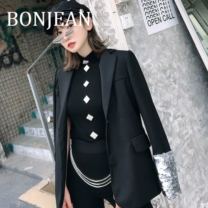 Bonjean черный пиджак с пайетками 2019 весенняя куртка для Для женщин блейзер на одной пуговице и куртки в стиле пэчворк женские пальто BJ945