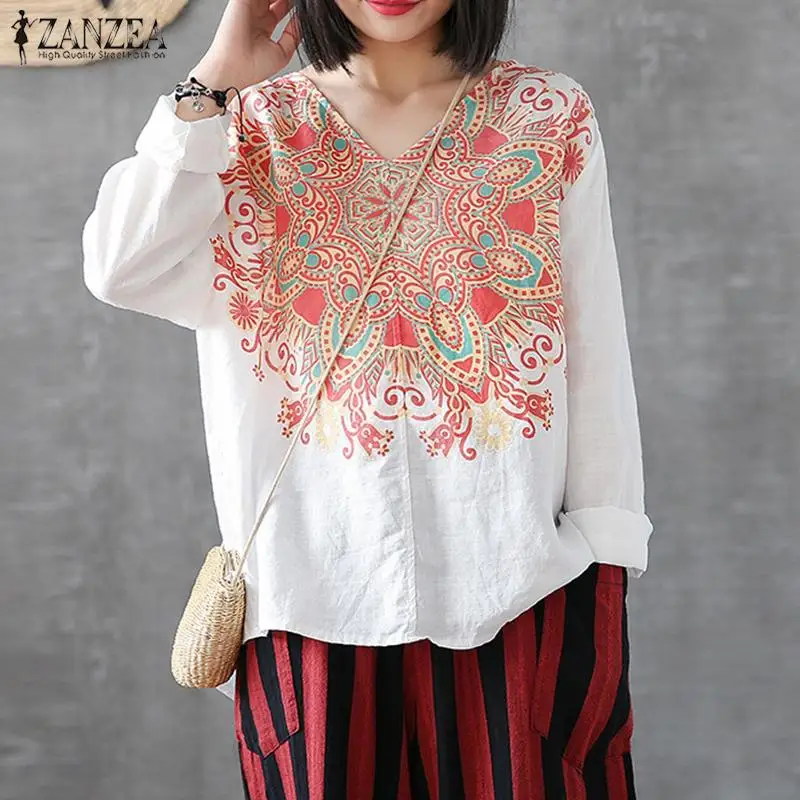 

ZANZEA Women Vintage Print Blouse Casual Printed White Shirts Ladies Elegant Long Sleeve Work Office Blusas Tunic Tops Plus Size