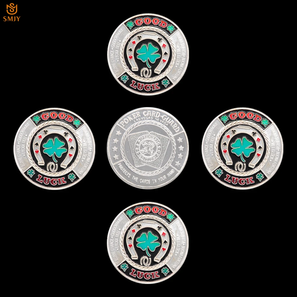 

5Pcs/Lot Hot Sell Souvenir Clover Silver Plated Poker Card Guard Lucky Chip Challenge Token Coin Collection And Business Gifts