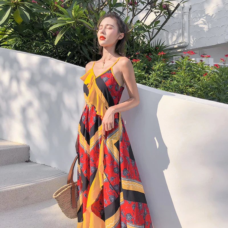 

New Women Long dress Patchwork Print Spaghetti Strap Slim Sea Wind Resort Dresses 8843