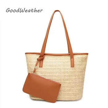 

Casual straw bag wicker shoulder bag women braided handbag with purse woven rattan bag designer summer beach shoulder straw bags