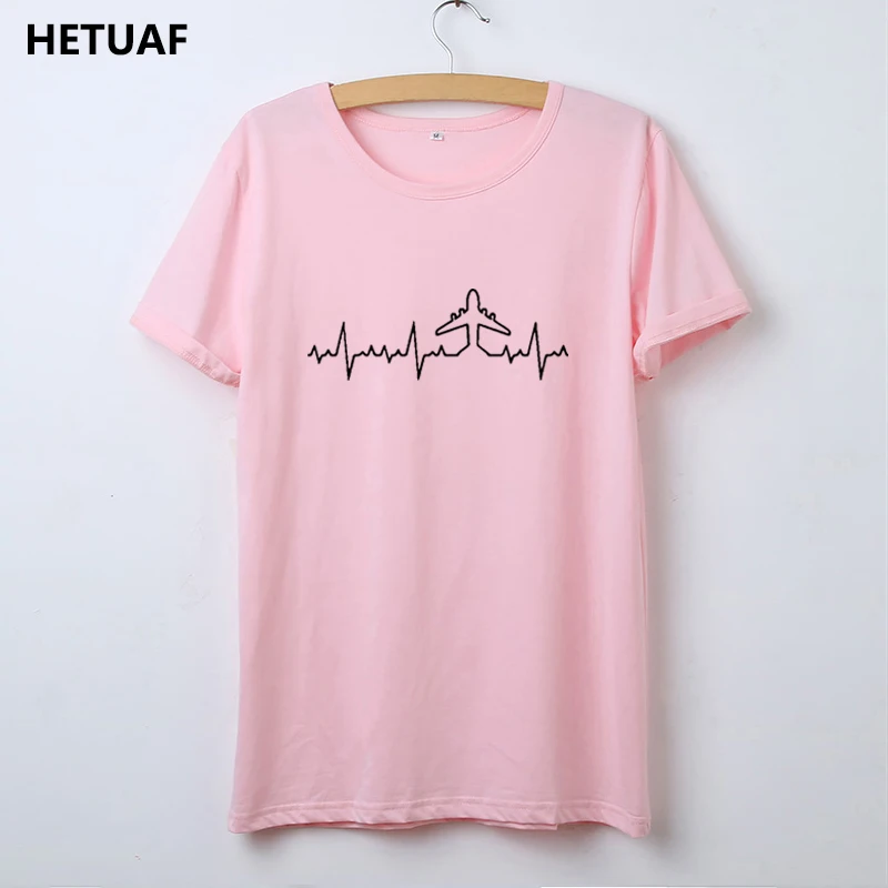 HETUAF نبضات الطائرة الطيار T قميص المرأة الرسم س الرقبة تيشيرت مطبوع قميص فام القطن نعرفكم المرأة التي شيرت أعلى Camisetas موهير