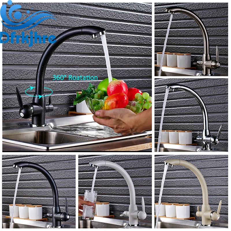 

5 Colors Kitchen Sink Faucet Purified Water Filter Tap Sink Faucet 360 Rotation Dual Handles Mixer Tap Deck Mount