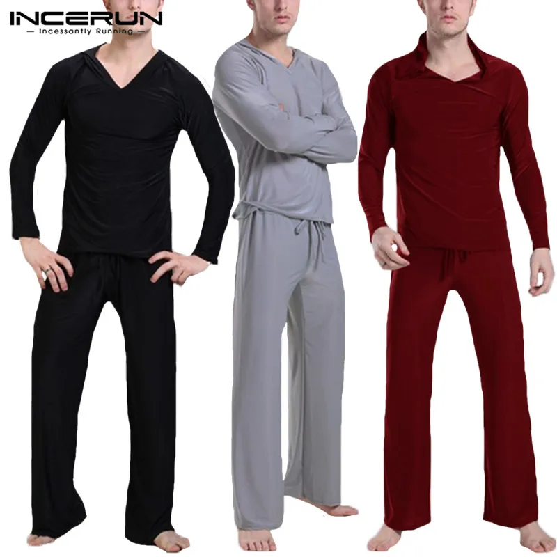 

INCERUN Fashion Men Pajama Sets Homewear Long Sleeve Hooded Pajamas Tops & Pants Sets Solid Casual Soft Sleepwear Yoga-pants Men