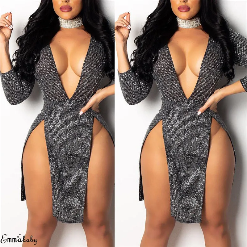 

Fashion Casual Slim Solid Women Sparkly Deep V Neck Long Sleeve Bandage Bodycon Mini Dress Party Gown Clubwear Clothes